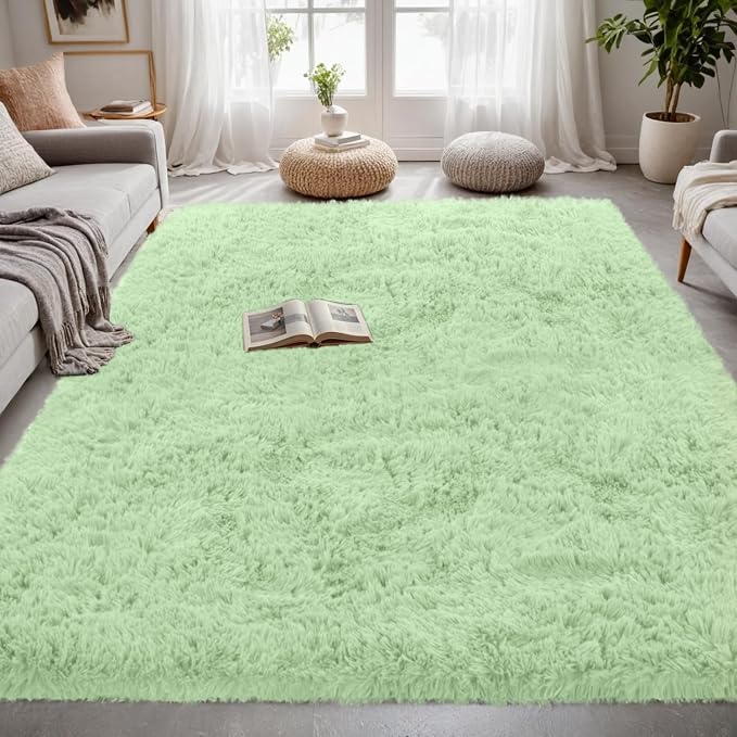 5x7 Fluffy Shag Area Rugs for Living Room Bedroom: Soft Carpet Mint Green | - Image 3