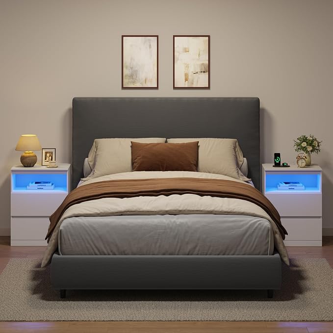 Nightstand with Charging Station, LED Lights and Hidden Drawer, Modern Night - Image 2