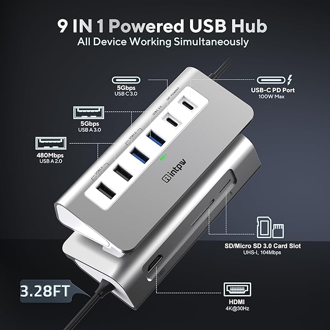 P9 USB C Docking Station, intpw 9-in-1 USB C Hub with 4K HDMI, PD 100W, 3 Type A/C 3.0 5Gbps, 2 Type-A 2.0, SD/TF, Aluminum USB Hub for Laptop,MacBook, iPad, iPhone 17 Series