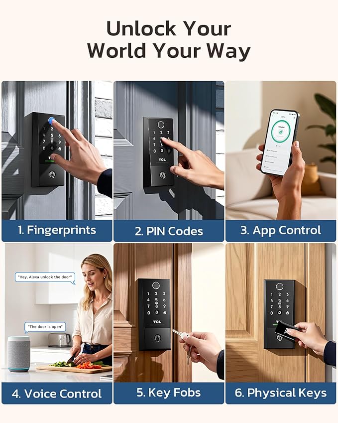 TCL D2 Plus Fingerprint Smart Lock, Wi-Fi Keyless Entry Door Lock, IP55 Weatherproof, Built-in Doorbell, Auto Lock, Easy Install, Black