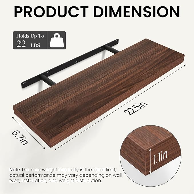 BAYKA Walnut-Like Floating Shelves 22.5in, Wall Mounted Wall Decor | Easy - Image 3