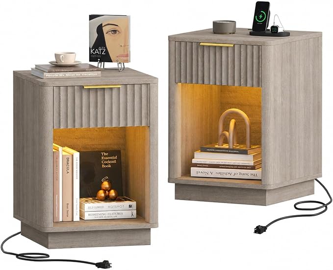 Akxomel Fluted Nightstand Set 2 Bedside Table by Akxomel