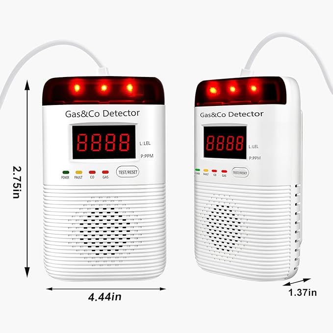 2 in 1 Gas and Carbon Monoxide Detector Plug in with Long Power Cord 85db Alarm Digital Display for Home Kitchen Basement Garage No Drill Wall Mount Installation
