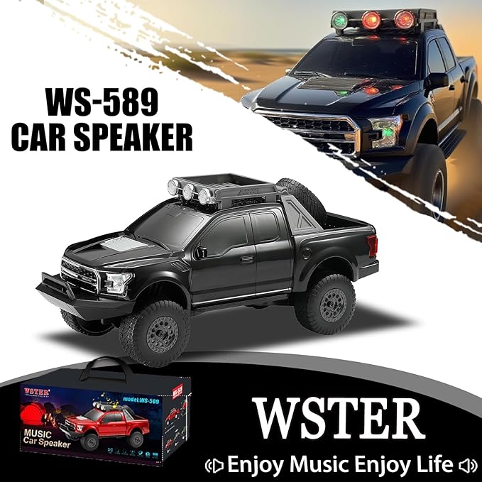 WS-589 Rugged Pickup Truck Bluetooth Replica Speaker – Portable Audio with TWS, LED Party Lights & HD Stereo | Unique Surprise Gift for Music & Truck Lovers (Black)