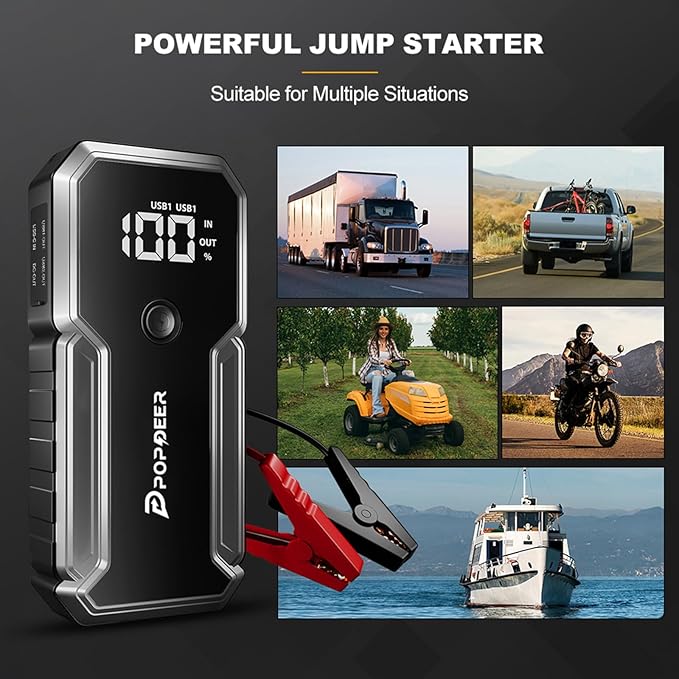POPDEER Car Battery Jump Starter, 3000A Jump Box (All Gas/ 8.0L Diesel), 12V Car Battery Charger with Dual USB Quick Charge and DC Output, Portable Jump Starter with LED Flashlight