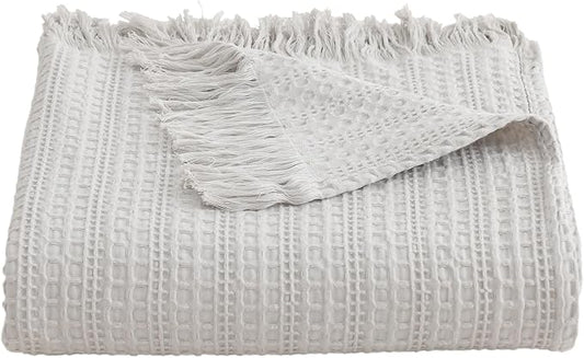 100% Cotton Waffle Blanket with Fringe, Pre-Washed Waffle Weave Blanket for All Season, Lightweight Breathable Soft Cozy Throw Blanket for Couch, Bed, Travel (Light Grey - 50x60 Inches)