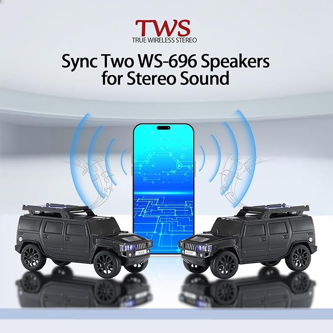 WSTER WS-696 Solar Bluetooth Replica Speaker – Portable Modern Off-Road Car Design with HD Sound, TWS, LED Party Light, USB/TF Playback, FM, Built-in Microphone, Surprise Gift(Black)