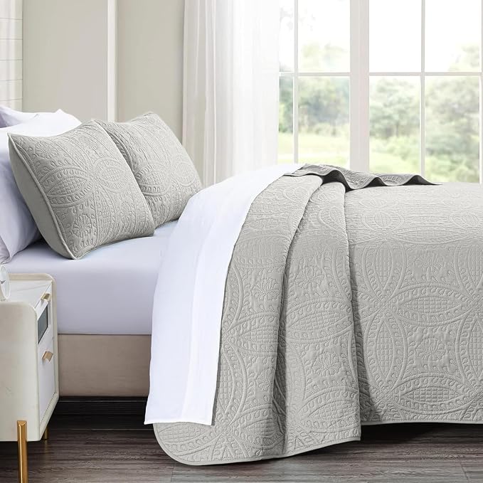 akkialla King Size Quilt Set, Light Grey Ultrasonic Bedspread, Lightweight Soft - Image 4