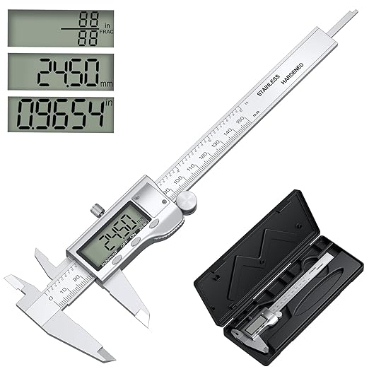 Digital Calipers, Caliper Measuring Tool with Large LCD Screen, Stainless Steel Micrometer Caliper Digital, Auto-Off Feature, Screen Splash Proof, Switch from Inch Metric Fraction (6Inch/150mm)