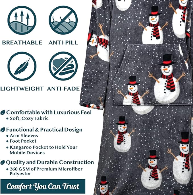 PAVILIA Fleece Blanket with Sleeves, Foot Pockets for Women Men Adults, Plush Wearable Blanket Throw Wrap, Warm Snuggle Blanket Robe, Cozy Gift Ideas Wife Mom, Snowman Gray