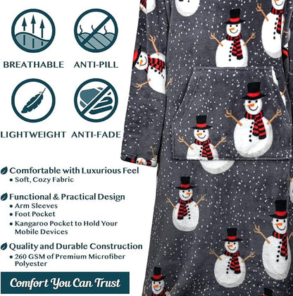 PAVILIA Fleece Blanket with Sleeves, Foot Pockets for Women Men Adults, Plush Wearable Blanket Throw Wrap, Warm Snuggle Blanket Robe, Cozy Gift Ideas Wife Mom, Snowman Gray