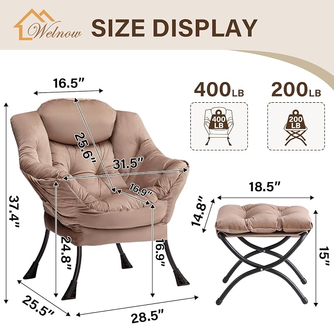 Welnow Lazy Chair with Ottoman, Reading Chair with Footrest, Khaki Velvet | A - Image 3