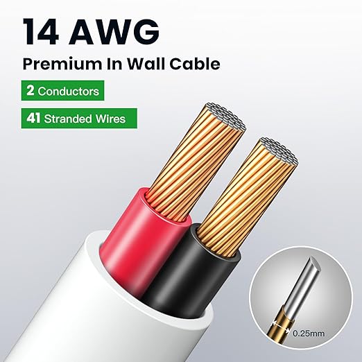 BAHIWOM Fire Safety CL2 Speaker Wire in-Wall & in-Ceiling 14 Gauge Wire 100 FT CCA Cord 2 Conductors Red Black Speaker Cable for Indoor Home Theater System,Car Audio Soft White Jacket