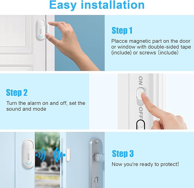 Sanjie Pool Door Alarms for Kids Safety/Home Security/Dementia,4 Working Modes,Wireless Door Open Alarm,Window Alarms Sensors,0-120dB Volume Adjustable,2 Sensors 2 Remote Controls