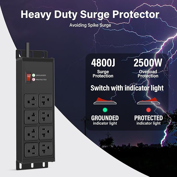 CCCEI 2PCS Heavy Duty Power Strip Surge Protector 20 AMP, 8 Outlets 12 Gauge Shop Garage Metal Multiple Outlets, 6 FT Extension Cord 5-15P Adapter High Amp 6-20R T-Slot 20a for Appliance Black.