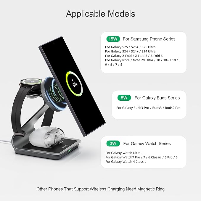 Bonola Wireless Charger for Samsung: Magnetic 3 in 1 Wireless Charging Station for Samsung S25 S24 Ultra S23 S22 S21, Aluminum Alloy Charger Dock Stand for Galaxy Watch Ultra/7/6/5/4, Buds 2/2 Pro