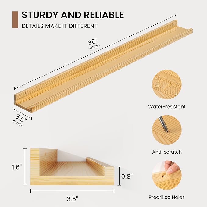 Picture Ledge Shelf, Solid Pine Wood Floating Shelves Set of 2, 36 Inches - Image 3