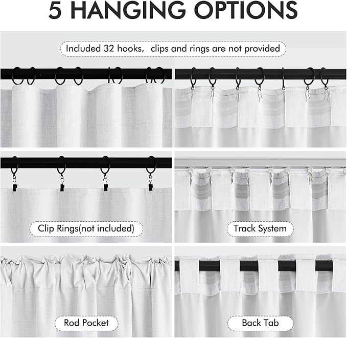 MIULEE 100% Blackout Back Tab Pleat Linen Curtains 50" Wx90 L, Bright White | 2 - Image 7