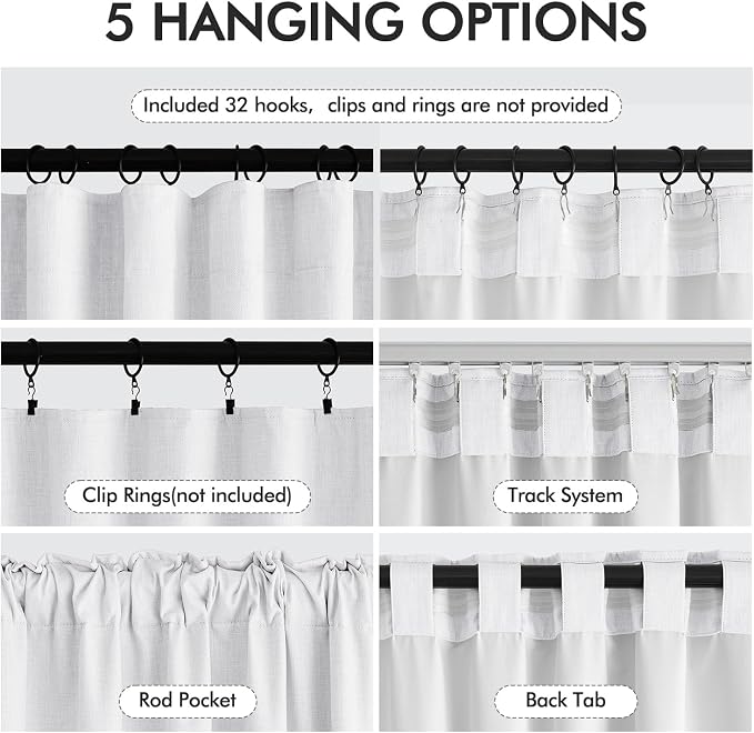 MIULEE 100% Blackout Back Tab Pleat Linen Curtains 50" Wx120 L, Bright White | - Image 7