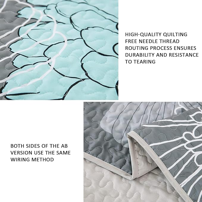 Yiran Grey Aqua Floral Quilt Set King Size, 3 Pieces Botanical Quilt Set | - Image 5