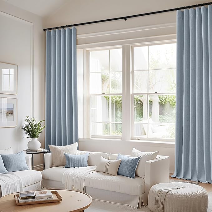 MIULEE 100% Blackout Back Tab Pleat Linen Curtains 50" Wx72 L, Chambray Blue | - Image 2