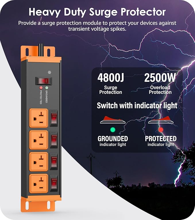 CCCEI Heavy Duty Surge Protector Power Strip 20 Amp Individual Switches. 6FT 12 Gauge Extension Cord with Multiple Outlets. Kitchen, Garage, Shop, Industrial Wall Mount Electric Extender, Orange.
