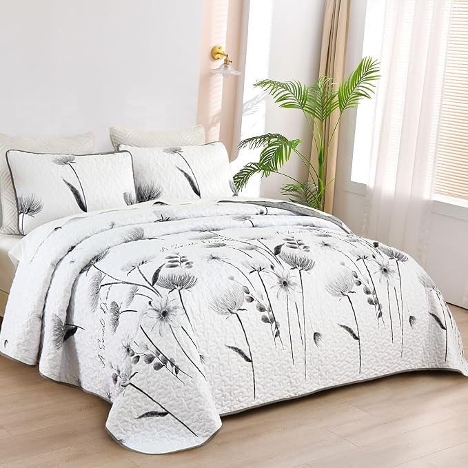 Dinjoy King Quilt Set, 3 Pieces Grey Boho Bedspreads, Fall Flower Bedding | - Image 2