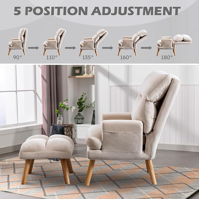 IOMOR Accent Chair with Ottoman Comfy Reading Chair Armchair with Adjustable - Image 3