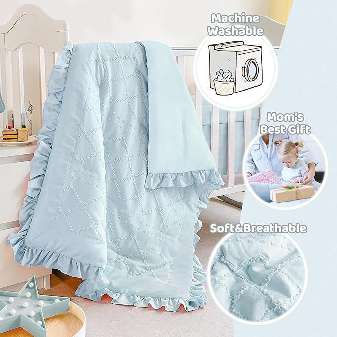 Wowelife Mini Crib Bedding Set for Girls, 3 Piece Tufted Jacquard Ruffle Fringe Baby Girl Crib Bedding Set Newborn, Infant & Nursery with Comforter, Crib Fitted Sheet and Crib Skirt, Blue