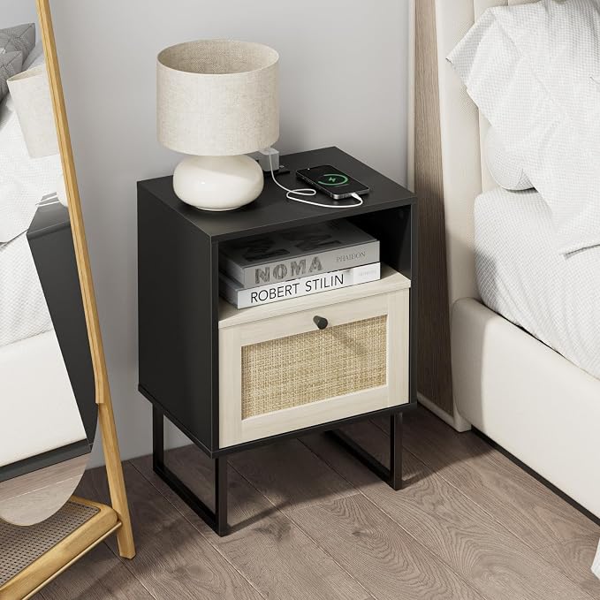 Masupu Boho Night Stand, Small Rattan Side Table, Wood Nightstand by Masupu