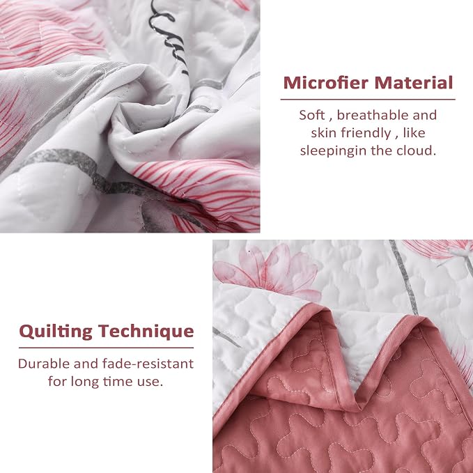 Dinjoy Pink Quilt Set Full, Floral Botanical Bedspread - Image 4