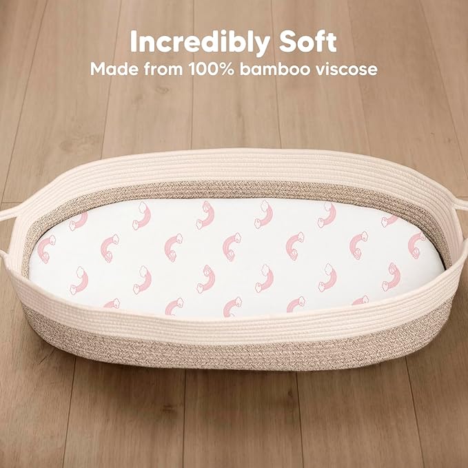 2-Pack Baby Bassinet Sheets Girl, Boy - 33x17 Viscose Derived from Bamboo Bedside Mattress Fitted Bassinet Sheets, Compatible with Halo Bassinest Swivel Sleeper, Baby Delight, Graco(Dreamland)