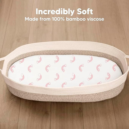 2-Pack Baby Bassinet Sheets Girl, Boy - 33x17 Viscose Derived from Bamboo Bedside Mattress Fitted Bassinet Sheets, Compatible with Halo Bassinest Swivel Sleeper, Baby Delight, Graco(Dreamland)