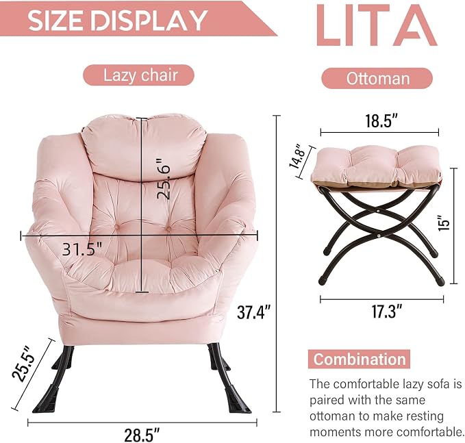 Lazy Chair with Ottoman, Comfy Accent Reading Chair, Velvet Pink | Foldable - Image 3