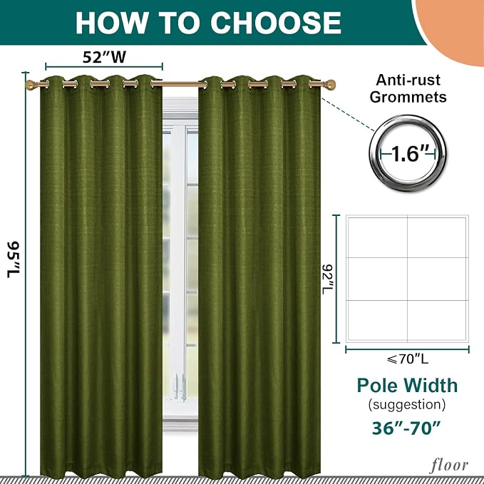 Diraysid 100% Blackout Curtains Olive Green Linen Curtains - Image 8