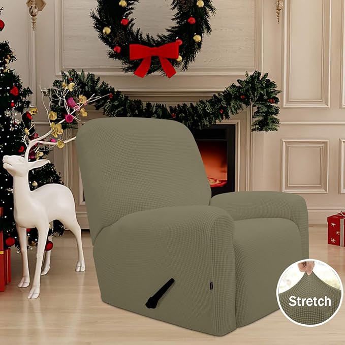 Easy-Going Recliner Stretch Sofa Slipcover Sofa Cover 4-Pieces Furniture Protector Couch Soft with Elastic Bottom Kids, Spandex Jacquard Fabric Small Checks(Recliner,Khaki)