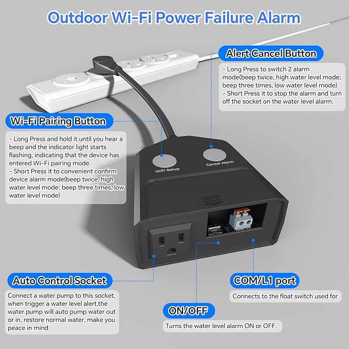 Sump Pump Alarm WiFi, Smart High/Low Water Level Alarm, Free App Notification & 120dB Alarm, Built-in Backup Battery, IPX4 Waterproof, with 10ft Float Switch for Basement Sump, Water Tank, Septic Tank