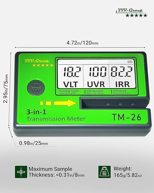 Digital Car Window Tint Meter TM-26 / Side Window Tint, Sun Control Film, VL/UV/IR Transmittance Detection, Tester Meter Gauge (with PU Case)