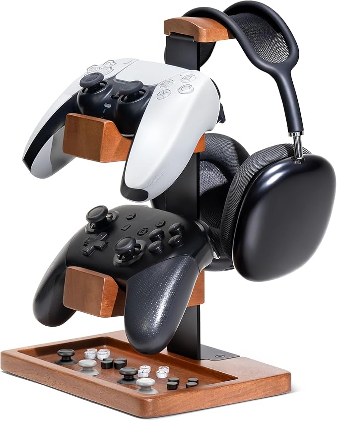 HUMANCOZY Solid Wood Controller Holder and Headphone Stand, Gaming Controller Stand for Desk, Dual Controller Organizer Rack, Fits Xbox, PS4, PS5, Gamepad, Headset Holder for Son, Husband, Boyfriend