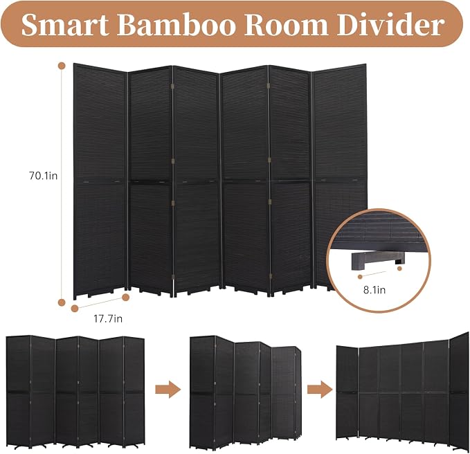 Room Divider Folding Privacy Screens, Hand-Made Natural Bamboo Room Dividers | - Image 5