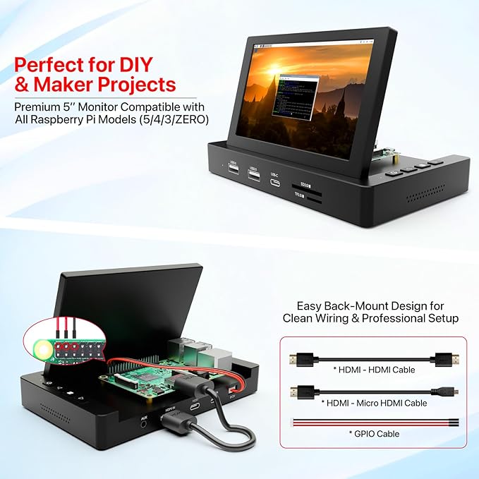 ROADOM 5'' Mini Monitor with Raspberry Pi Mount Holes & USB HUB, Type-C One-Cable Connection&Speakers, All-in-One Storage Dock, Pocket IPS Screen for PC monitoring/Gaming/AIDA64/Streaming Partner