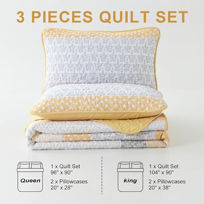 WONGS BEDDING Yellow King Size Quilt Set, Boho Striped Patchwork Bedspread | 3 - Image 8