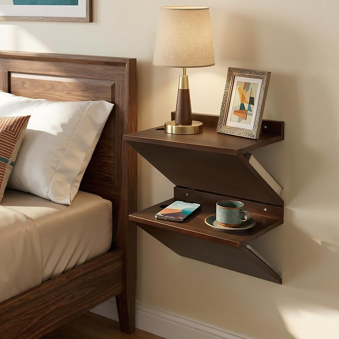 Floating Nightstand Set of 2 Walnut Bedside Table Wall Mounted Wood | Z-Shape - Image 5