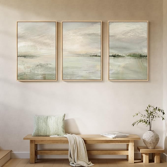 Large Framed Sage Green Abstract Landscape Wall Art, 3 Piece Modern Canvas - Image 3