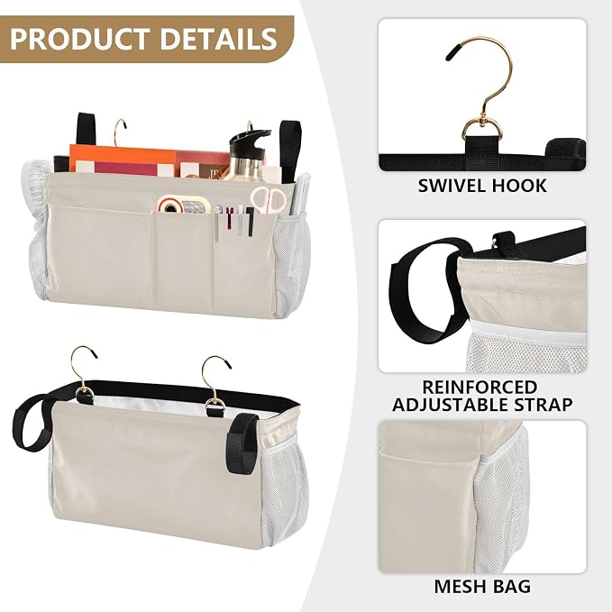 DOMIKING Beige Bedside Caddy for Dorm Bed Recliner Armrest Organizer - Image 5