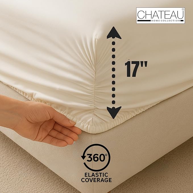 CHATEAU HOME COLLECTION 400 Thread Count Cotton Bed Sheets King Size, 15" Deep Pocket King Sheet Set, 4 Piece Naturally Cool Soft Sateen Weave Machine Washable Fully Elasticated- Light Blue