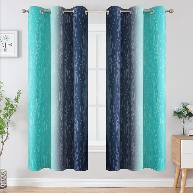 Navy Blue and Teal Gradient Blackout Curtains - Image 2
