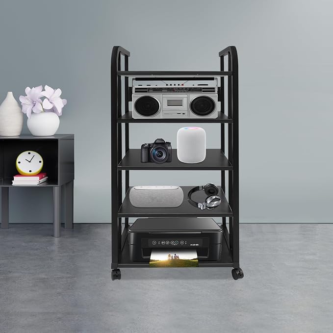 5-Tier AV Media Stand with Universal Wheels, Center Stereo Components Storage Stand, DVD/CD Holder with Adjustable Hole Spacing Movable Audio Media Stand for Living Room, Game Room (5 Tiers)