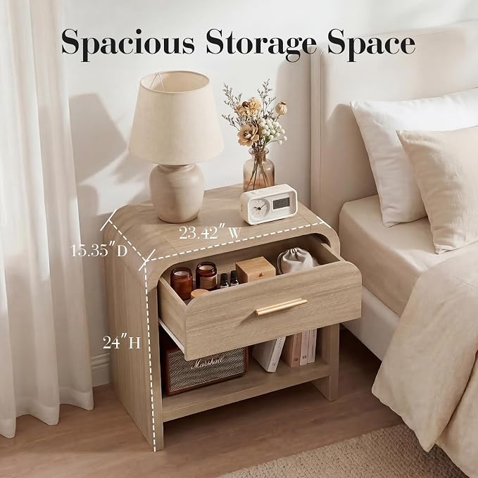 Night Stand Set of 2 1-Drawer and 1 Storage Shelf Nightstand 24" H Metal Handle - Image 2
