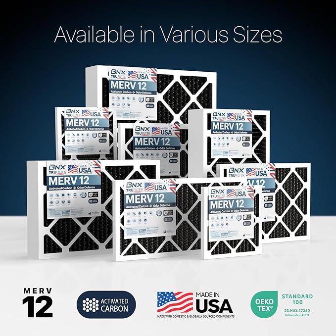 BNX TruFilter 18x24x1 MERV 12 Odor Defense (6-Pack) AC Furnace Air Filter with Activated Carbon - MADE IN USA - Pleated Air Conditioner HVAC AC Furnace Filters - Removes Odor, Mold, Bacteria, Smoke